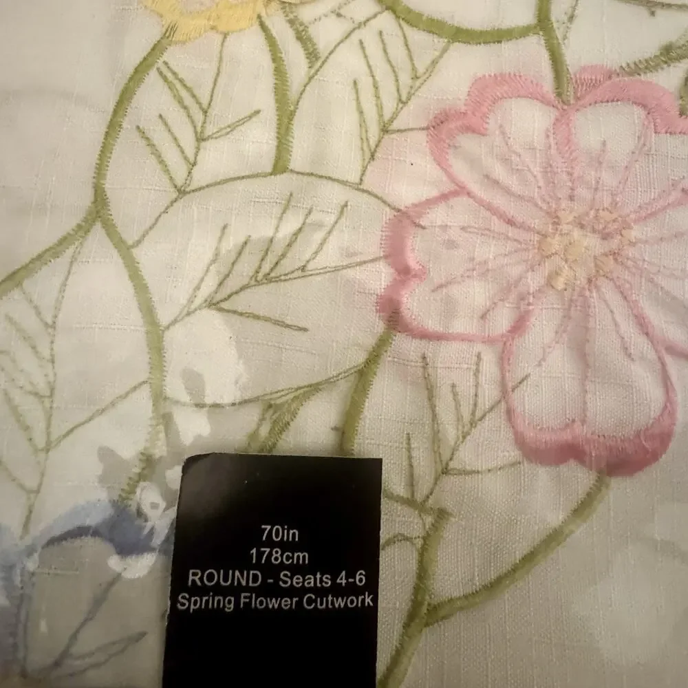 Vintage Homewear Spring Flower Cutwork Round Tablecloth 70” Floral NEW
